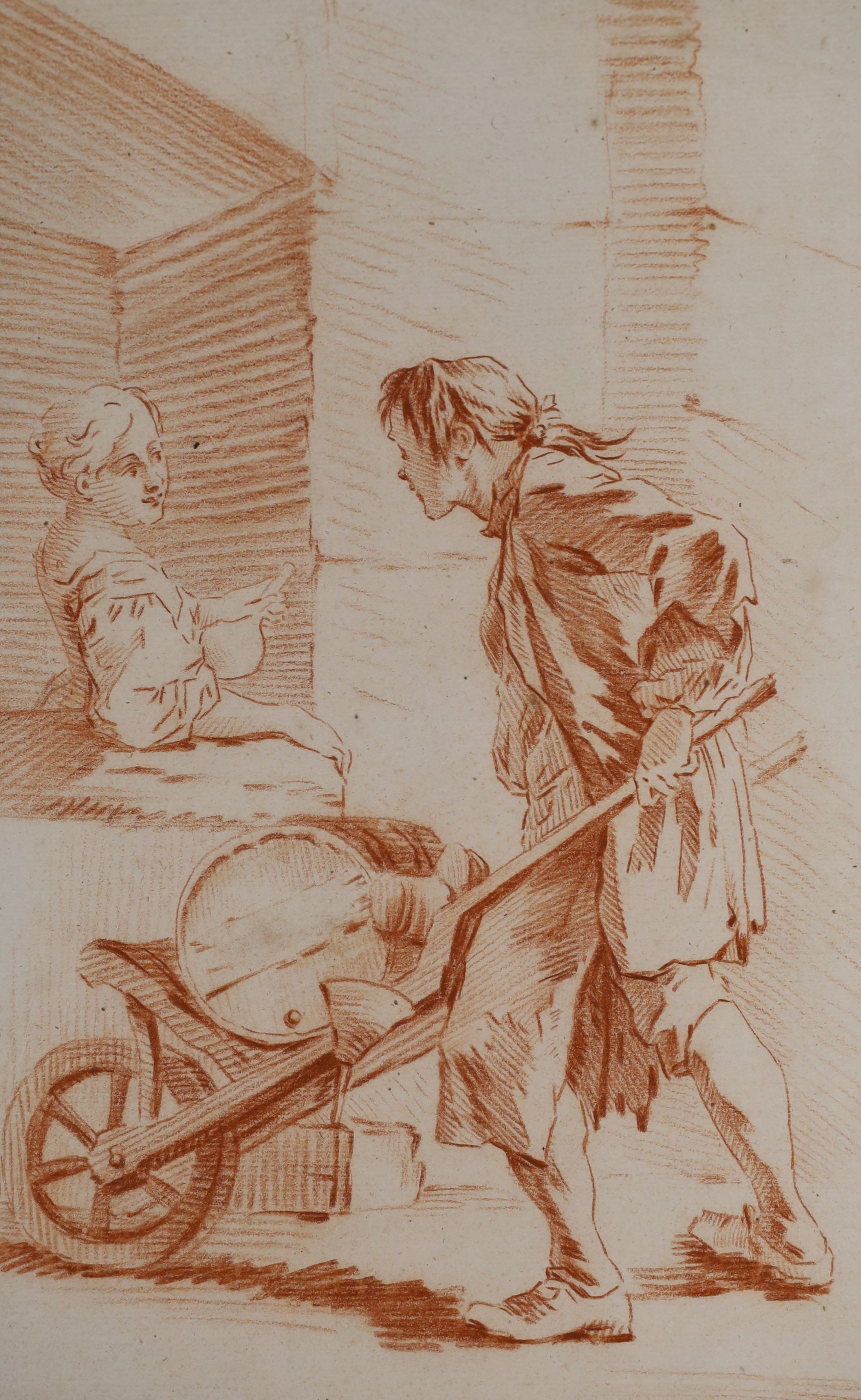 Attributed to Francois Boucher (French, 1703-1770), Porters unloading a barge and pushing a barrow, two sanguine chalk drawings on laid paper, 29 x 21cm, unframed